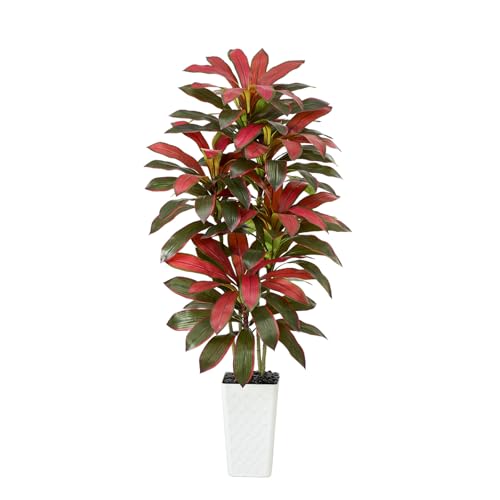 Image of Artificial Red Dracaena Tree Indoor, 6FT Tall Fake Floor Plants with White Planter & Pebbles, Faux Silk Yucca Tree for Home Office Living Room Bedroom Farmhouse Modern Outdoor Topiary Tree