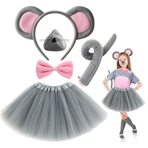 DvBCNMe Maus Kostüm Set, 5-teiliges Tierkostüm für Kinder und Erwachsene, Verkleidung für Halloween, Karneval und Schulaufführungen, Mickey Mouse Inspiriertes Design mit Ohren und Schwanz