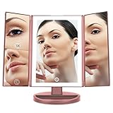 Beautyworks Backlit Makeup Vanity Mirror 36 LED Lights Touch-Screen Light Control, Tri-Fold 1/2/3X Magnification, Portable High-Definition Clarity Cosmetic Light Up Magnifying Mirror (Rose Gold)