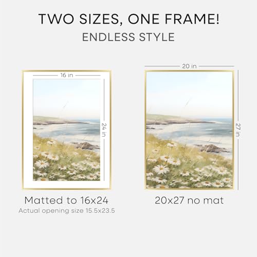 Image of Homeforia 20x27 Picture Frame Gold, High End Metal 20x27 Poster Frames with Mat 16x24 Photo, 20 x 27 Gold Frame Matted to 16 by 24 Print, 27by20 Thin Hanging Frames, Tempered Glass, Wall Kit, Set of 2
