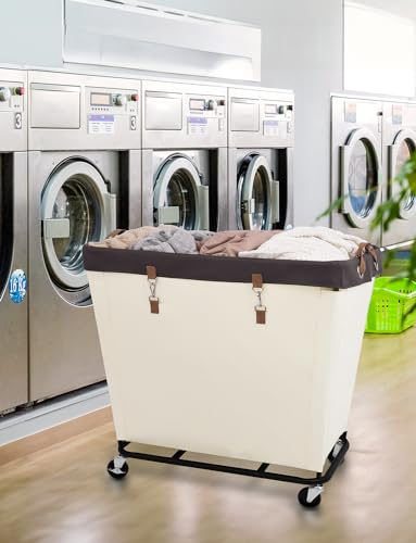 Image of StorageWorks Laundry Basket with Wheels for Clothes, 320L Beige Hamper Cart