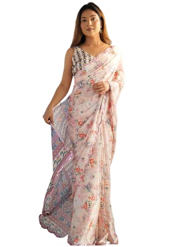 Image of Panzora Women's Chinon Printed Saree With Unstitched Blouse Piece