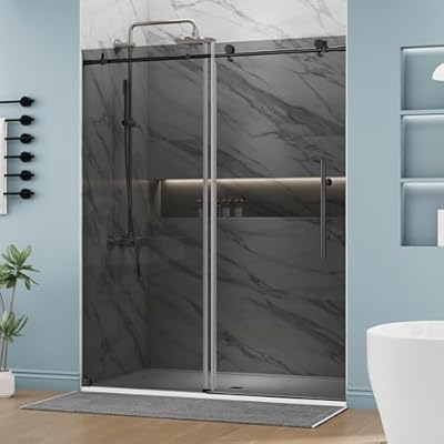 DELAVIN 56-59" W x 75" H Glass Shower Door, Frameless Shower Door with 5/16" Gray SGCC Certified Tempered Clear Glass, Stainless Steel Matte Black Finish Sliding Shower Door, Reversible Installation