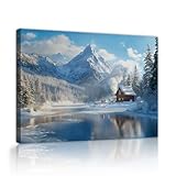 素朴な冬のキャビンキャンバスウォールアート雪山ワンダーランドキャンバスウォールプリントアイビング寝室書斎ホームデコレーションホワイト85x120cmインナーフレーム