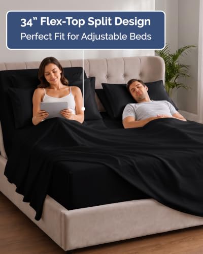 Image of CGK Unlimited Extra Deep Flex Top Split Head King Sheet Set - 6 Piece Breathable and Cooling Sheets - Hotel Luxury Bedding for Women, Men, Kids & Teens - Easy Secure Fit - Extra Deep Pockets - Black