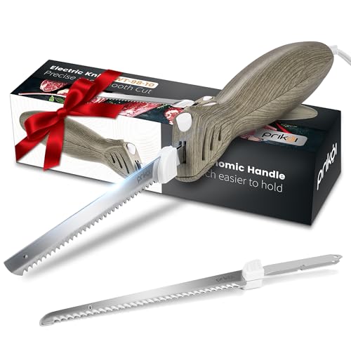 Comparison: Best Electric Knife For Brisket 9 Prikoi Electric Knife - Easy-Slice Serrated Edge Blades for Carving Meat, Bread, Turkey, Ribs, Fillet, DIY, Ergonomic Handle + 2 Blades for Raw & Cooked Food(Faux Wood)