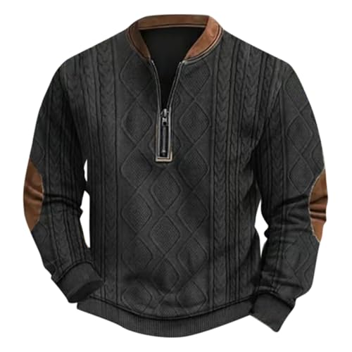 Mens Chunky Knit Sweater Casual Zipper Long Sleeve Printed Pullover Vintage Knit Mock Neck Elbow Patches Sweater Spring