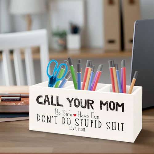 Image of Funny Call Your Mom Wooden Pen Pencil Holder for Office Desk Accessories, Gifts for Freshman Son Daughter College Students Makeup Brush Toothbrush Holder Organizer for Bathroom