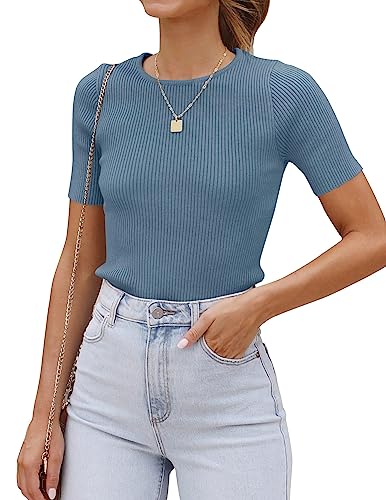 Image of ZESICA Women's Short Sleeve Sweater Tops 2026 Summer Crewneck Basic T Shirt