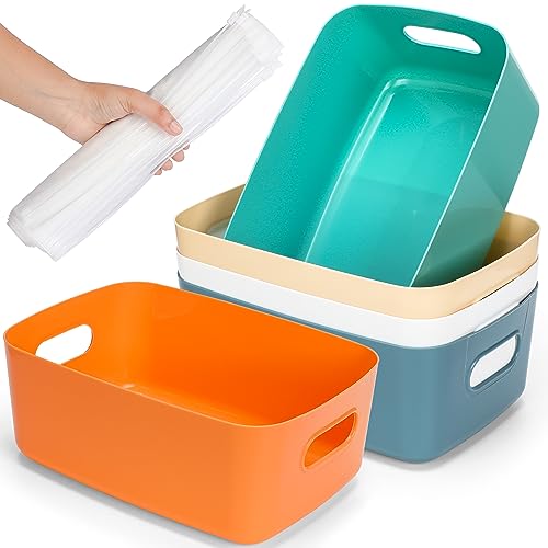 BINTIZ Pack of 5 Multiple Colored Plastic Storage baskets with bonus storage bags - Durable & Versatile Plastic Storage Containers - Organiser storage boxes for Home & Office Use