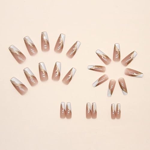 Gold Foil Tip Press On Nails Medium Length Coffin Fake Nails Acrylic Artificial Nails Nude White False Nails Square Full Cover Stick On Nails For Women And Girls (24 Pcs) #TOP1
