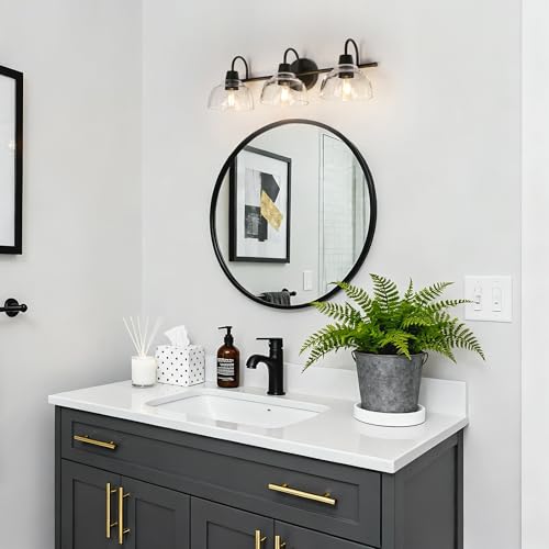 Image of KSANA Black Bathroom Light Fixtures, Modern Farmhouse Vanity Lights Over Mirror 3-Light Bathroom Wall Mounted Sconce with Dome Glass Shade