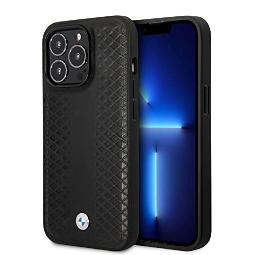 CG Mobile BMW – Coque de téléphone pour iPhone 14 Pro Signature Collection en Cuir véritable avec Motif Diamant Noir, étui de Protection et Durable avec Facile à Clipser, Absorption des Chocs et Logo