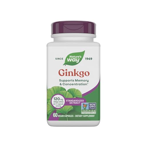 Nature's Way Ginkgo Premium Extract, Supports Memory & Concentration*, 120 mg Ginkgo Biloba Extract per 2-Capsule Serving, with Gotu Kola, Vegan, No Gluten, 60 Capsules (Packaging May Vary)