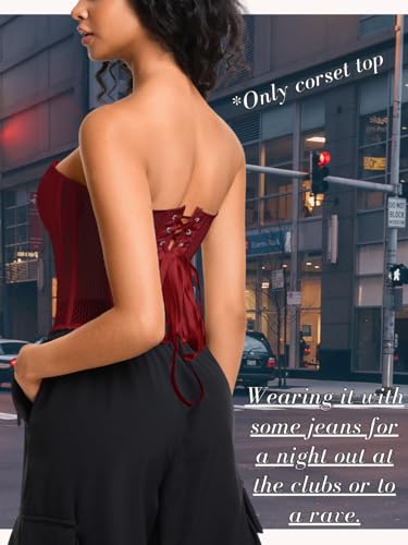Mesh Overbust Corset Tops for Women, Lace Up Strapless Boned Corsets, Going Out Party Club Top4