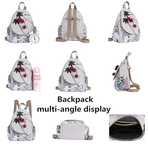 Image of Womens Cotton Hemp Cloth Backpack Boho Vintage Embroidered Casual Purse Handbags Messenger Bag Iris Flower