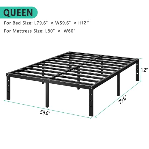 Image of HLIPHA Metal Platform Bed Frame 12 Inch Tall,No Box Spring Needed,Queen Size Bed with Heavy Duty Strong Support Slats,Easy to Assemble,Black