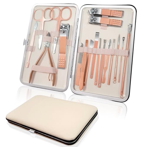 Uqingo Manicure Set 18pcs, Nail Clipper Set, Professional Portable Stainless Steel Nail Care Kit Manicure Set Grooming Tools for Men Women with PU Leather Storage Case for Travel & Home-Rose Gold