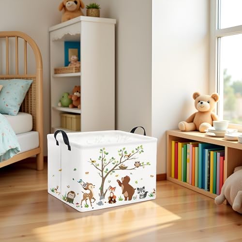 Image of Rectangular Kids Storage Basket Baby Storage Basket with Handles for Home Kitchen Boys and Girls Cute Toy Storage Bin Organizer Shelf Book Room Decor(Tree Animal)