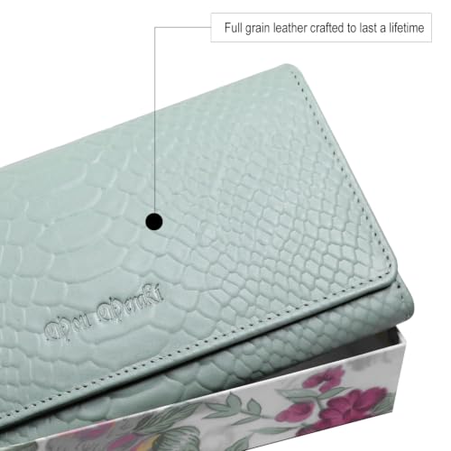 Image of Women's Top Grain Leather Wallet, RFID Blocking Bifold clutch, 17 Card Slots, Zip Pocket Organizer, Elegant Gift for Women - Birthday, Valentine, Anniversary - Croco Mint Green