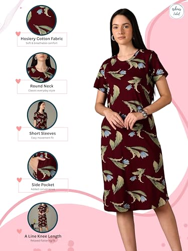 Image of 9shines Label Hosiery Cotton Knee Length Short Night Dress | Short Nighty for Women with Pocket | Graphic Print Nightwear | Night Gown for Women (M-7XL)