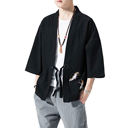 Image of PRIJOUHE Men's Kimono Jackets Cardigan Lightweight Casual Cotton Blends Linen Seven Sleeves Open Front Coat Outwear