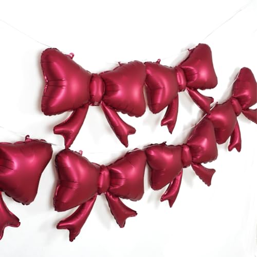 Image of 6 Pieces Bow Balloons, Red Matte Metallic Foil Bowtie Balloon, Big Burgundy Bow Balloons for Women Birthday Party, Wedding Bridal Shower, Valentine's Day Party, Balloon Garland Accessories