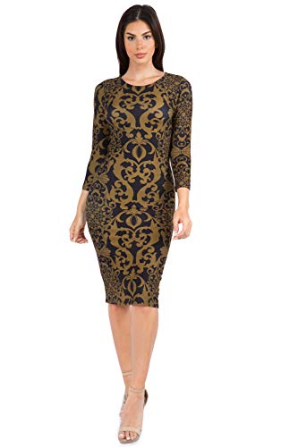 Image of ICONOFLASH Women's 3 /4 Sleeves Midi Bodycon Dress Crew Neck Fitted Dresses with Plus Size Options