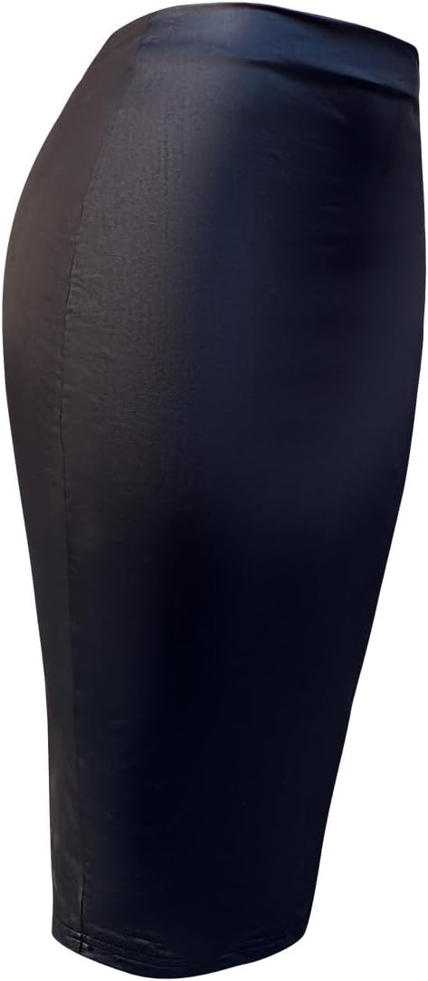 Women's Stretch Satin Pencil Midi Skirt with Double Zipper, High Waist Office Work Business Casual Wear