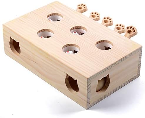 FOOPOMARY Cat Toys, Whack A Mole Solid Wood Box Interactive Cat Toys for Indoor Cats Kitten Dog Puppy Pet Puzzle Play Fun Catch Mice Game, 5 Hole/Wooden