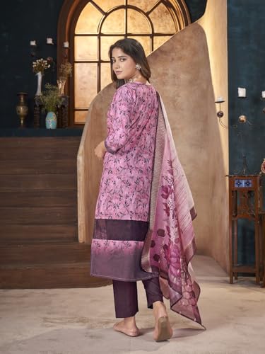 Stylum Women's Tropical Printed & Embroidered Cotton Straight Kurta Pant Dupatta Set (Kpdwineapple38_Wine, M)