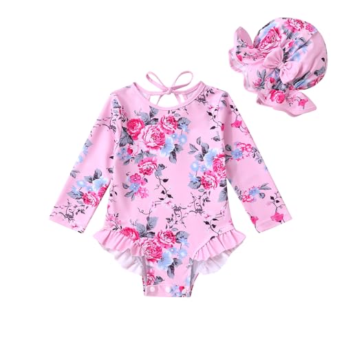 Image of YOUNGER TREE Infant Baby Girls Swimsuit Long Sleeve Swimsuits One Piece Swimsuit Solid Color Bathing Suit with Hat