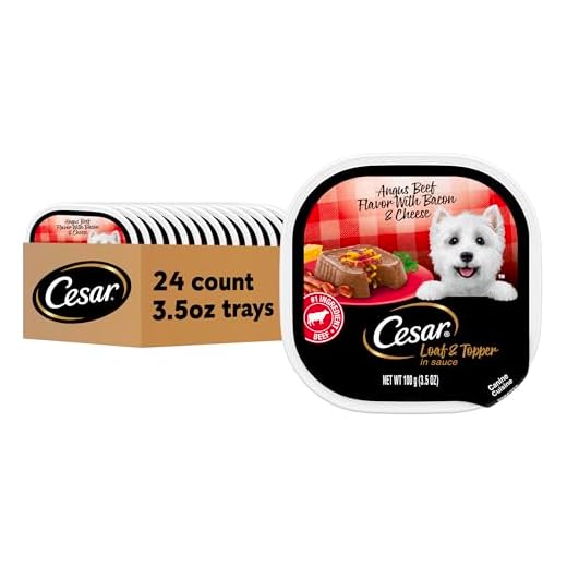 Cesar Loaf & Topper in Sauce Wet Dog Food, Angus Beef Flavor with Bacon & Cheese, Wet Food for Dogs, 3.5 oz Easy Peel Trays, 24 Count