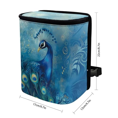 Image of Talayituse Blue Peacock Print Car Trash Bin, Large Size Auto Trash Can Adjustable Portable Garbage Can with Lid, Vehicle Hanging Bag for Headrest Front Back Seat