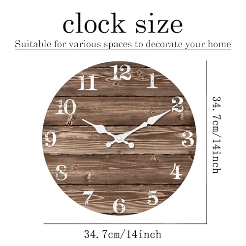 Image of XFM Brown Wooden Wall Clock Battery Operated 14 Inch | Silent Non-Ticking Vintage Farmhouse Rustic Decorative for Kitchen Living Room Office