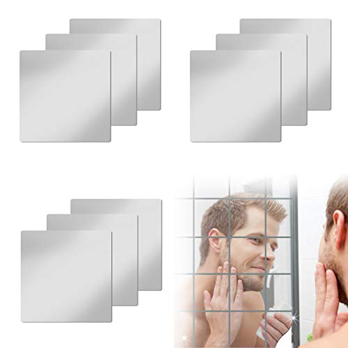 9 Pcs Mirror Tiles Self Adhesive Stick on Mirror, Cuttable Adhesive Mirror Sheet Square Mirror Tiles Flexible Mirror Sheet Acrylic Mirror Sheet for DIY Craft Home Wall Decor(9 Pcs, 6X6 in)