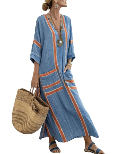 chouyatou Women's Summer Loose Oversized Cotton Linen Dress V Neck Boho Color Block Long Kaftan with Split