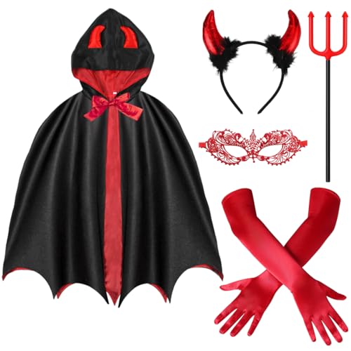 Wishstar Teufel Kostüm Damen,Halloween kostüme damen，Schwarz Rot Teufel Umhang mit Teufelshörner Haarreif Handschuhe Dreizack Spitzen...