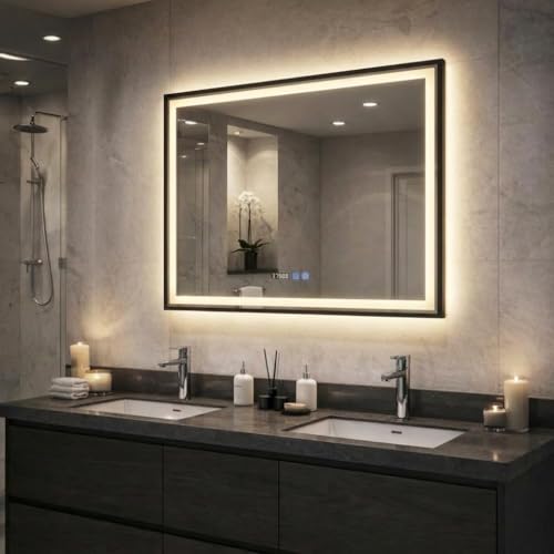 YOURLITE Bathroom Mirror with LED Light 600 x 800 MM Backlit Illuminated Wall Mounted Vanity Mirror with Demister Anti-Fog, Dimmable 3 Color LED Light Touch Control Time Display IP44