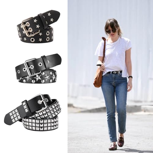 3 PCS Black Studded Belt,Y2K Belt Star Gothic Punk Rock Belt,Bright Metal Pyramid for Women,Metal Punk Rock Rivet Belt,y2k Belts for Women,Punk Waist Belt for Halloween Cosplay3