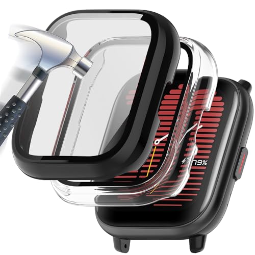 Acadeny Hülle Mit Gehärtetes Glas Displayschutz Kompatibles für Amazfit active,9H Härte 360° Rundum Schutzhülle Ultradünne Schutz PC Case Cover,Transparent+schwarz