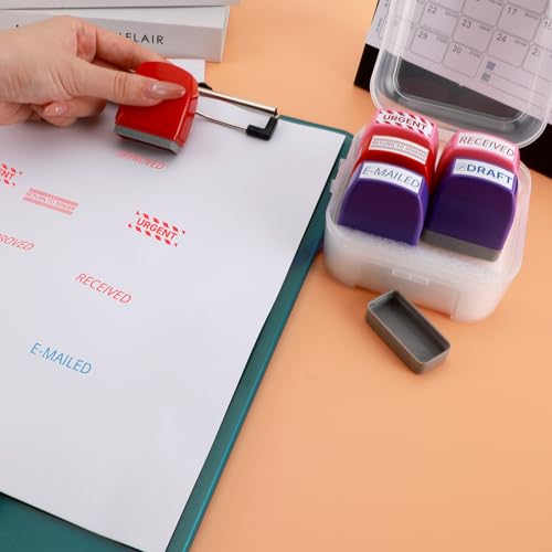 Self Inking Stampp Set 6 Pack - Red & Blue Ink for Office Documents | Pre-Inked Rubber Stamps (Received, Approved, Urgent, Draft) | Durable Rubber Stamps for Paperwork & Emails & Records | by 6uGooes