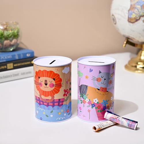 Image of Market99 Money Bank Set of 2 | Round Multi-Color Tin Coin Banks with Glossy Finish & Cute Cat & Lion Print | Fun Piggy Banks for Kids & Adults | Ideal for Saving Coins at Home, Desk & Gifting Use
