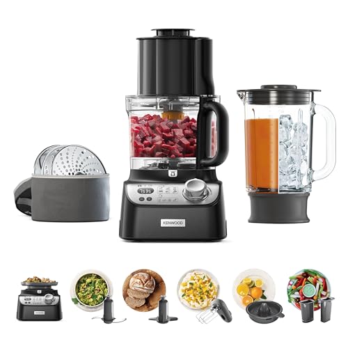 Kenwood MultiPro XL Weigh+ FDM72.990SS Food Processor With Integrated Digital Scales & Timer Express Dice Adjustable Slicing Disc Micro Serrated Knife Blade 1.5L ThermoResist Glass Blender Black