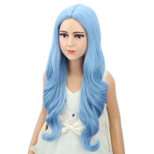 Image of Light Blue Wig Long Middle Part Wig Long Wavy Curly Wigs Heat Resistant Synthetic Wigs for Daily Party Use
