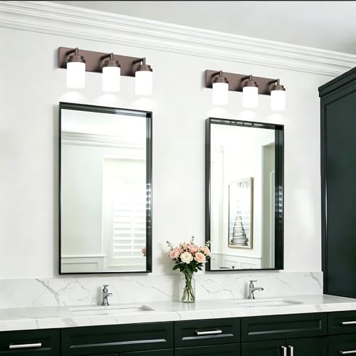 Image of Bathroom Light Fixtures, Oil Rubbed Bronze Bathroom Lighting Fixtures Over Mirror, Modern Vanity Light with White Glass Shade, Restroom Lighting Fixtures, 3-Light 22-inch