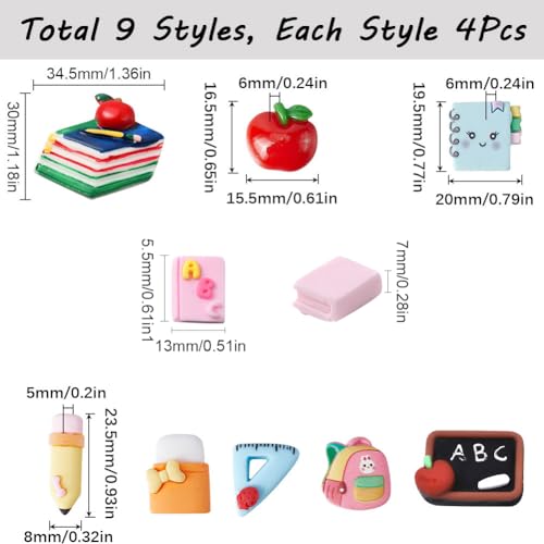 SUNNYCLUE 1 Box 36Pcs 9 Styles Resin Cabochons Teacher's Day Charms Cute Flatback School Study Supplies Mini Ruler Eraser Pencil Notebook Cabochon for Scrapbooking Embellishments DIY Craft Hairpins - Image 2