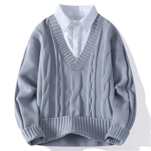 Men Fake Two-Piece Knit Pullovers Sweater Preppy Style V-Neck Pull On Solid Sweaters 6