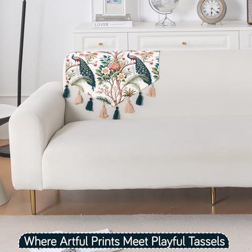 Image of HOKIPO Premium Sofa Backrest Cover Mat | Printed Holland Velvet with Tassels | 'Whispers of Nature' Multicolor Tropical Peacock (IN-1116-D1)