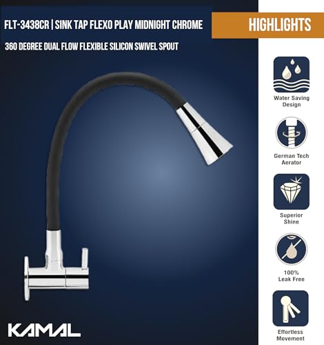 Image of KAMAL Full Brass Sink Tap Flexo Play Midnight Chrome | Shower & Aeartor Mode | Dual Flow Flexible Silicone Swivel Spout 360 Degree | Cold Water Tap Bib Tap Faucet (Wall Mount Installation Type)